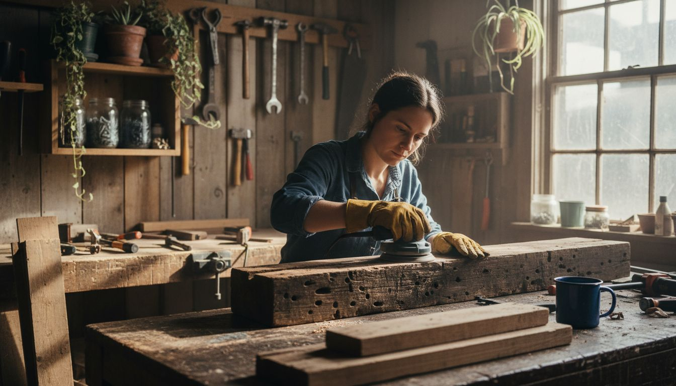 Worker sanding reclaimed timber beam