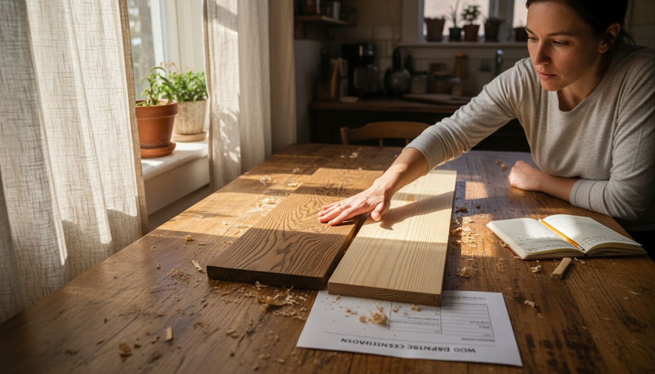 Woman comparing oak and pine planks side by side