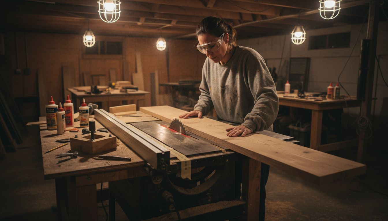 Woodworker safely cutting project pieces in workshop