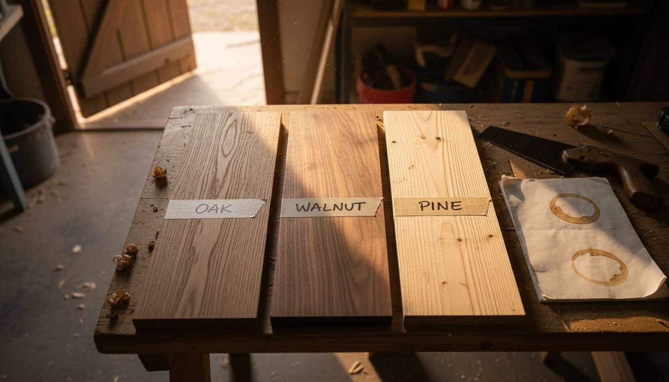Different labeled wood boards with contrasting grains