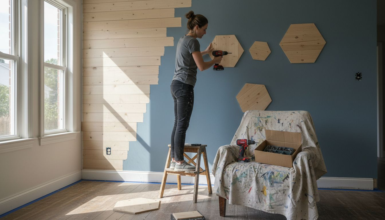Woman installing decorative wood wall panels