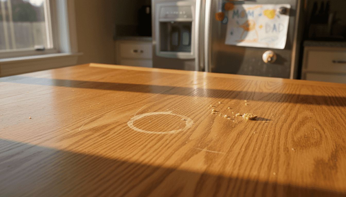 Oak tabletop showing textured grain and wear