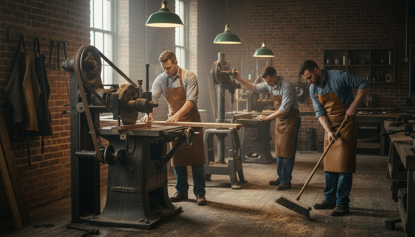Early factory woodworking with machines and workers