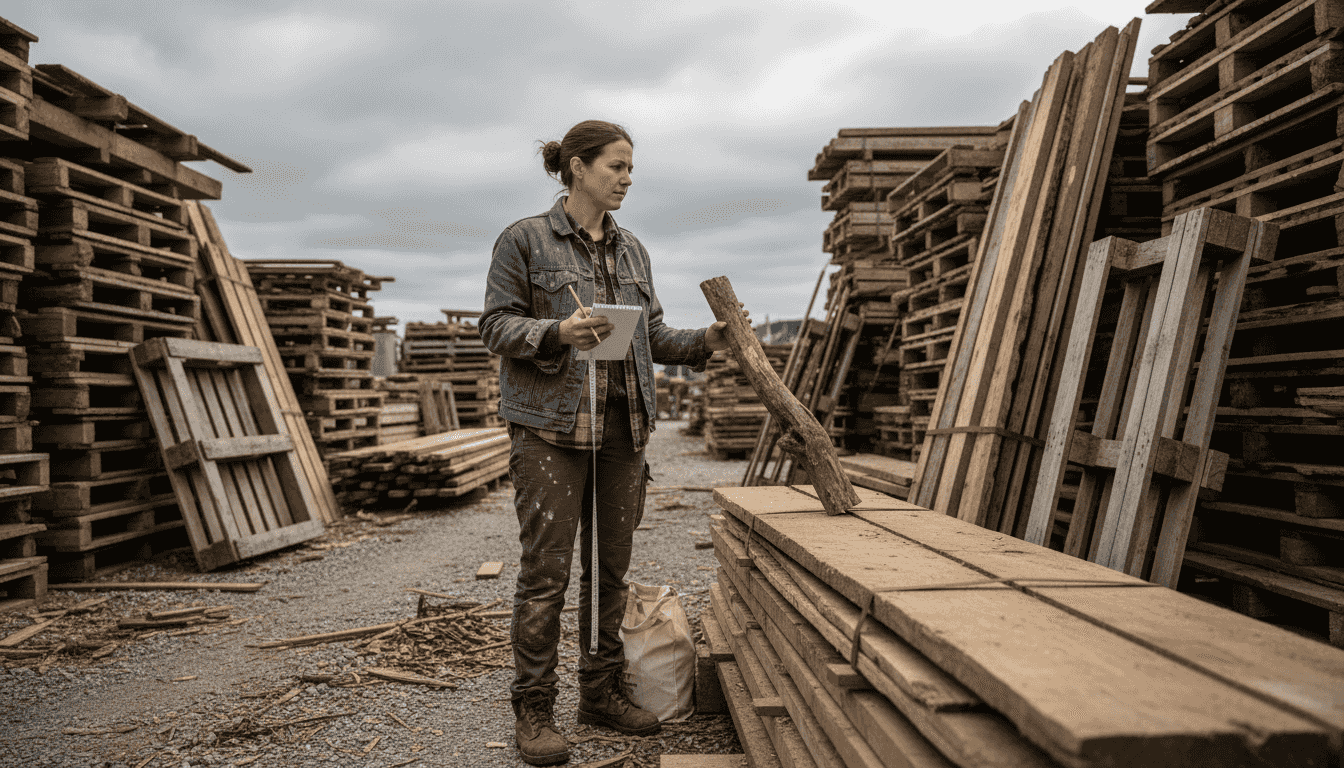 Woman measuring salvaged wood, outdoor lumber yard