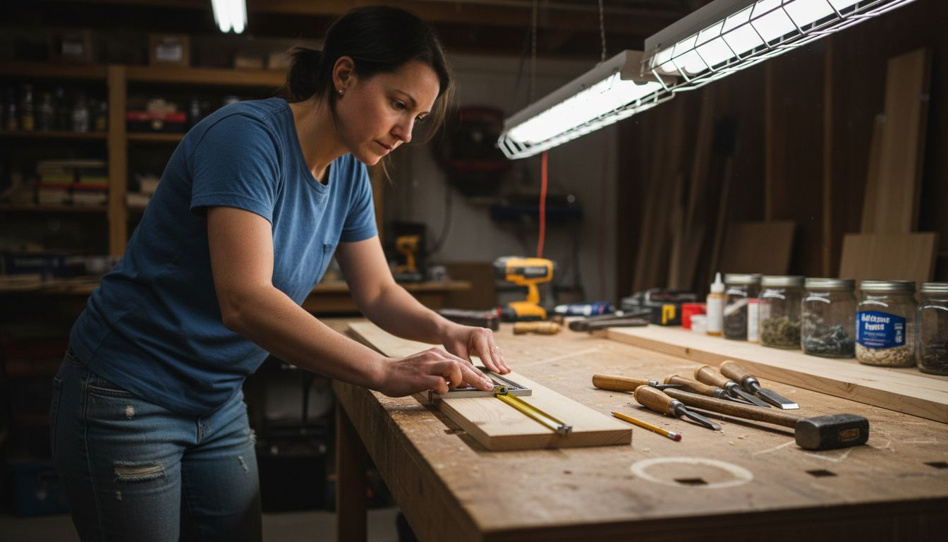 Woman measuring wood with basic tools