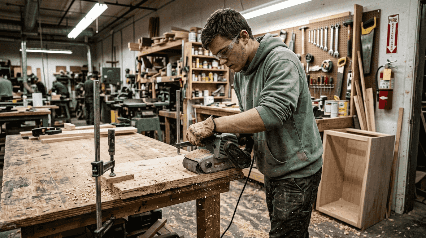 Apprentice using belt sander on rough wood
