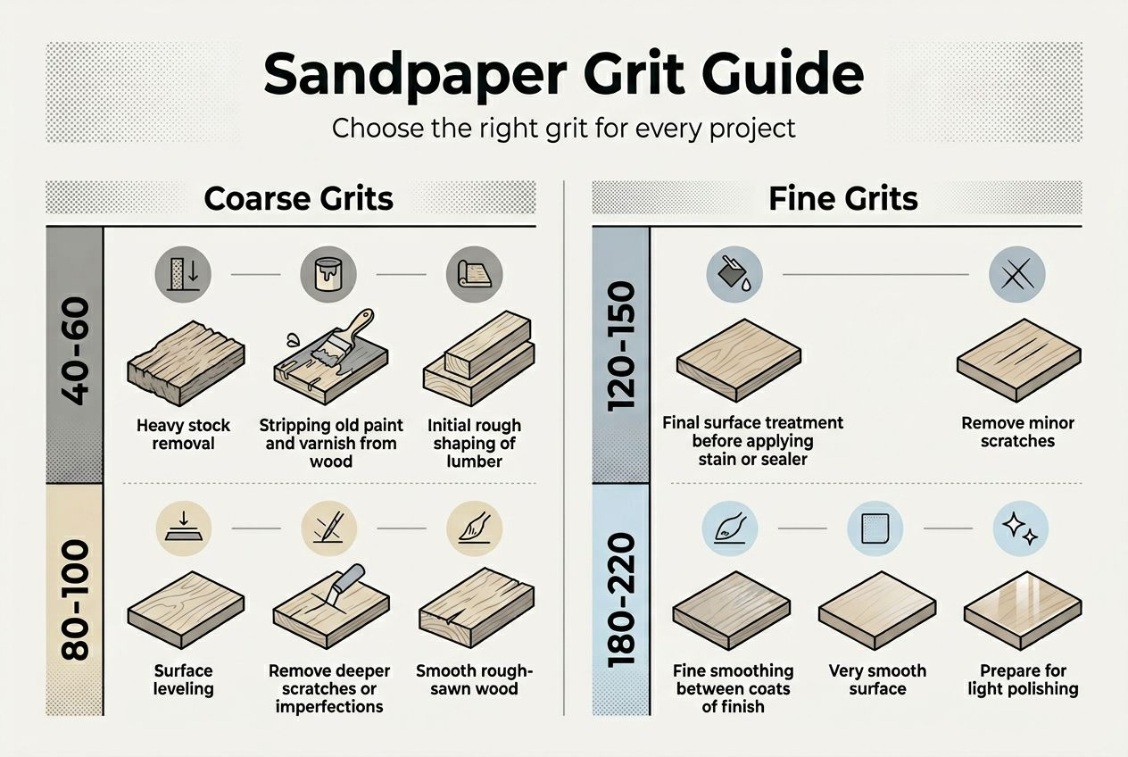 Infographic comparing sandpaper grit types and uses