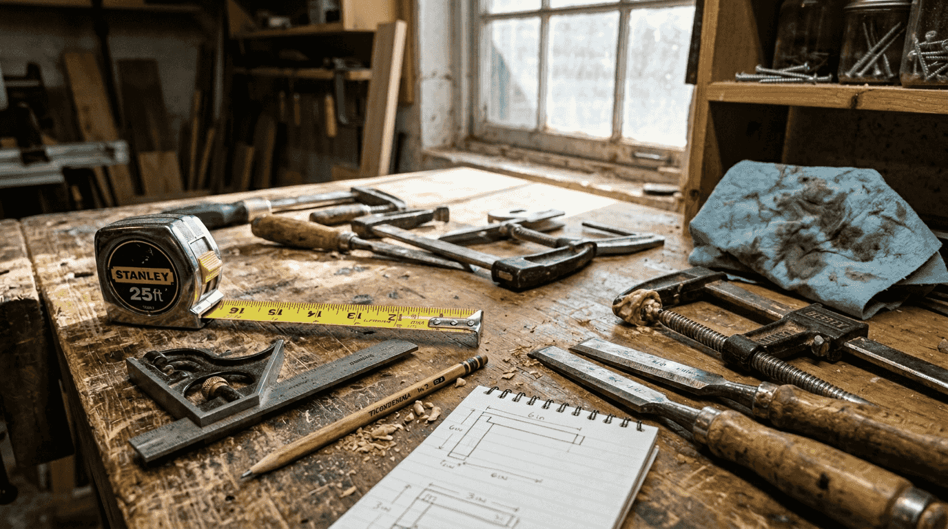 Hand tools and measuring supplies on worn workbench