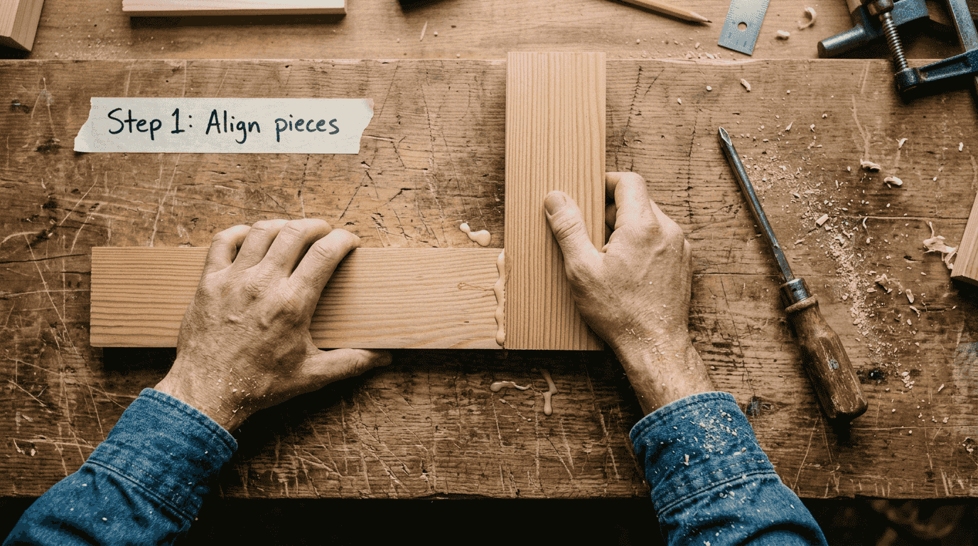 Hands assembling simple wooden butt joint