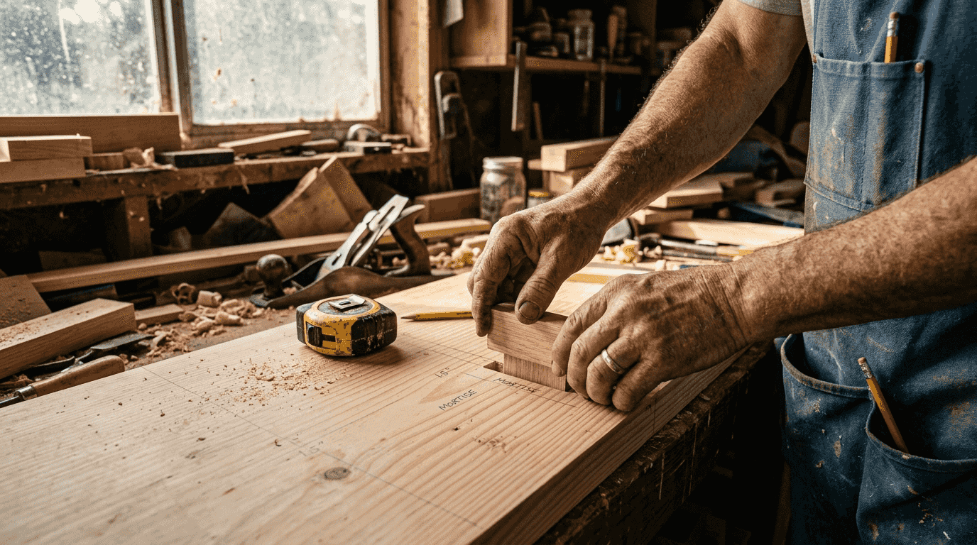 Hands fitting mortise and tenon joint at workbench
