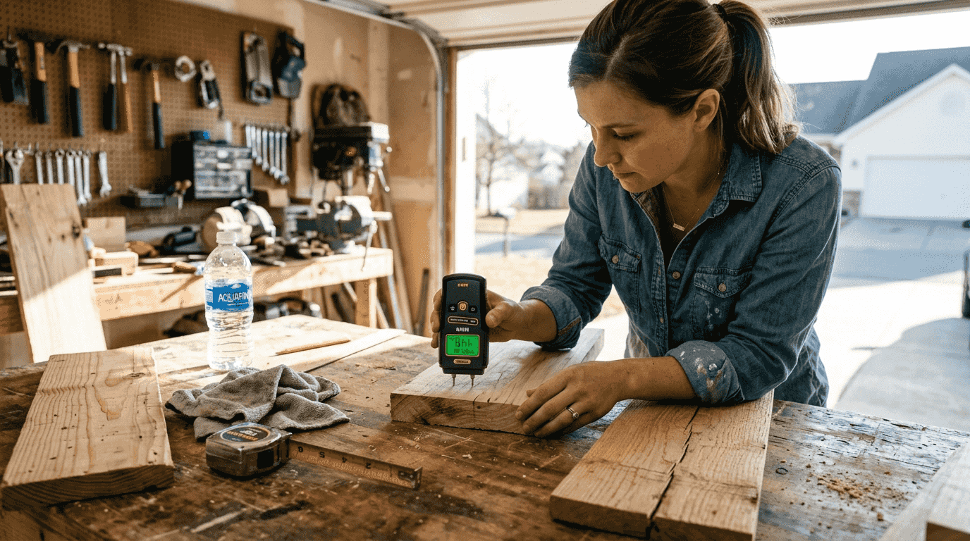 DIYer checking moisture in wood board