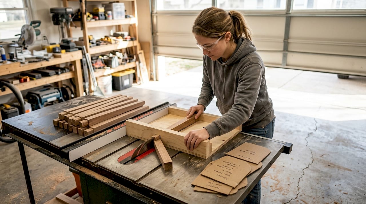 Woman using jig for repeat chair legs