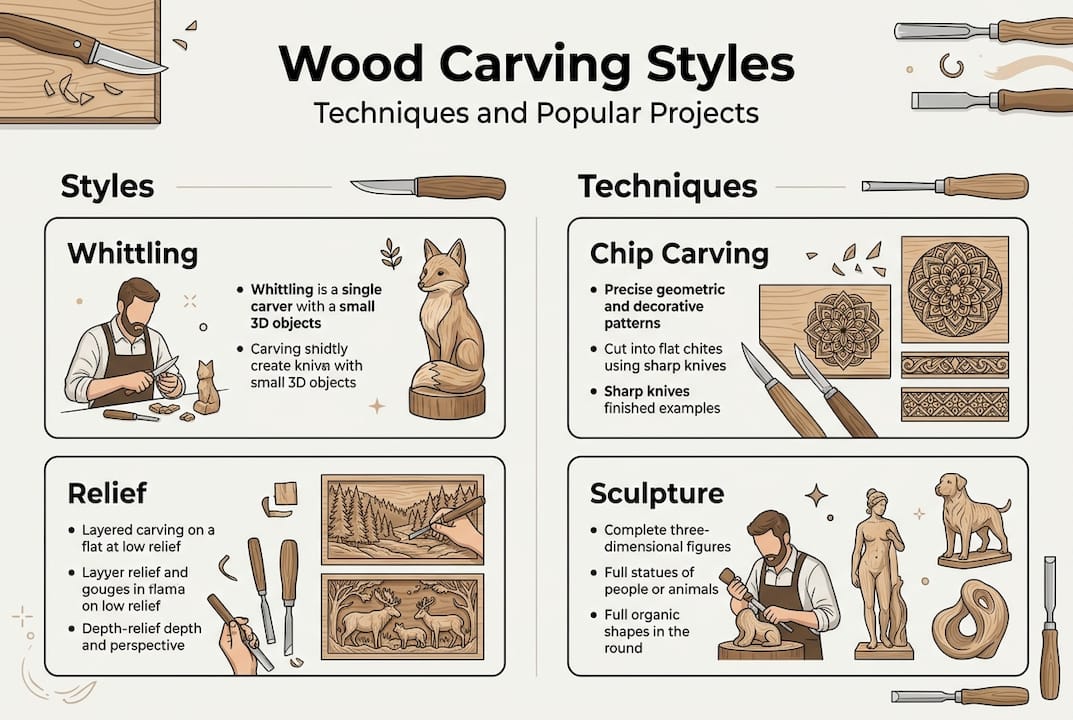 Infographic showing wood carving styles and techniques
