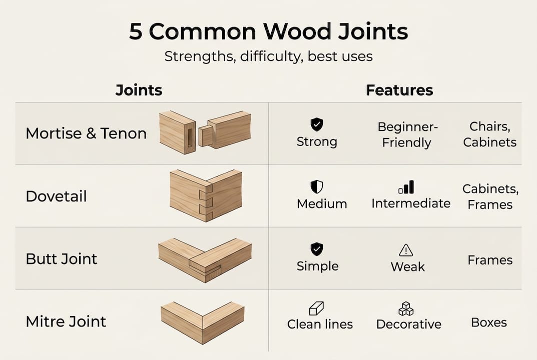 Infographic showing wood joint types and features