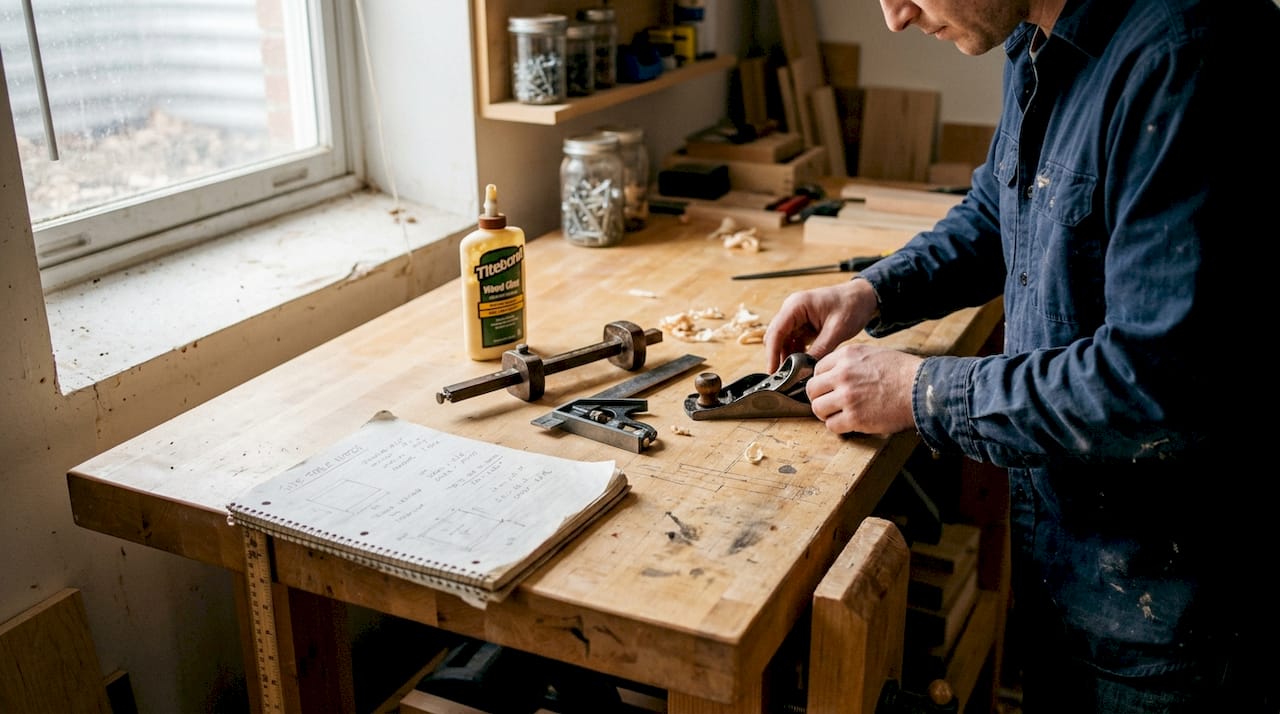 Essential wood joinery tools on workbench