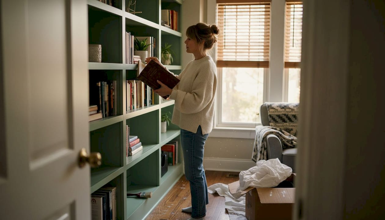 Woman arranging books on custom bookshelf