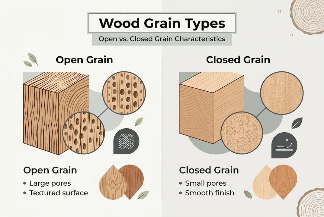 Infographic comparing open and closed wood grain