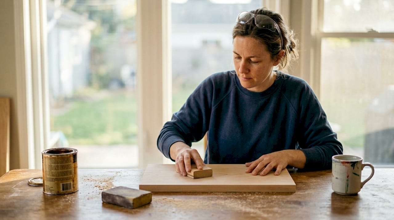 Woman sanding smooth maple board at kitchen table