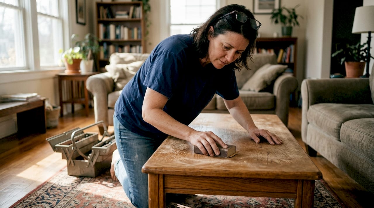 Woman sanding scratched oak coffee table