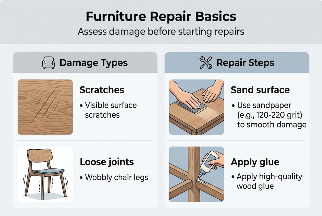 Infographic showing furniture damage types and repair steps