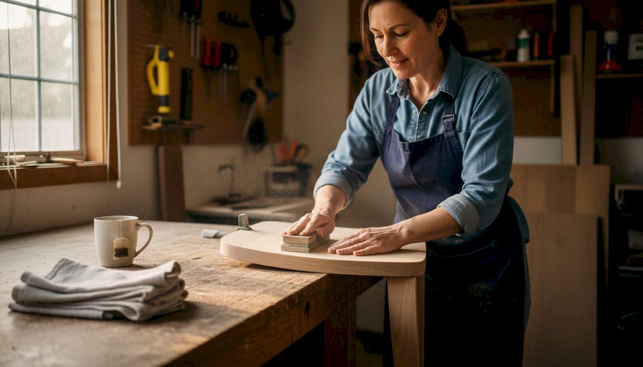 Woman sanding maple chair seat in garage studio