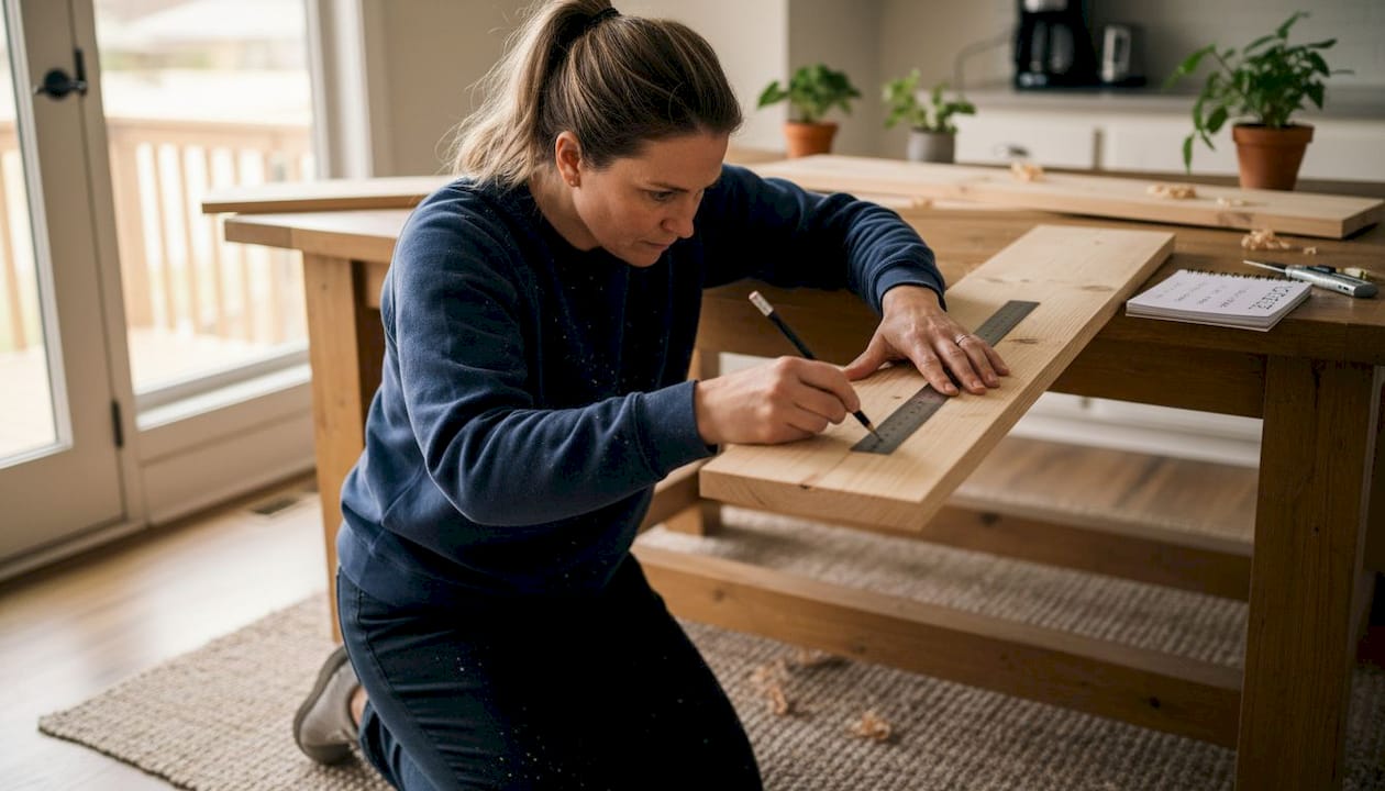 Woman measuring and marking wood for cuts