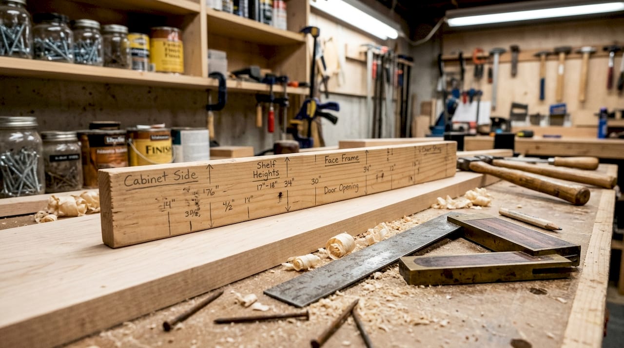 Close-up of story stick and measuring tools