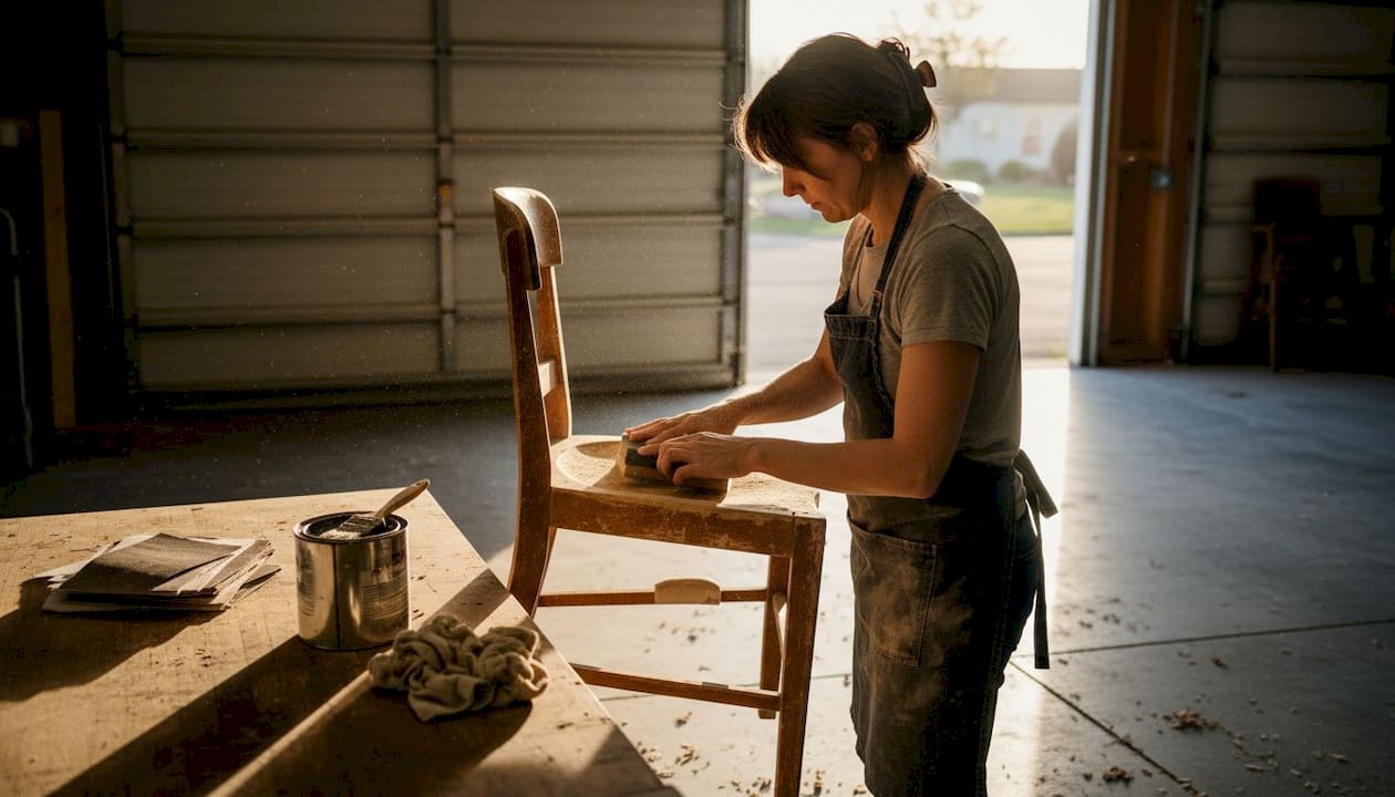 Woman sanding wooden chair in garage