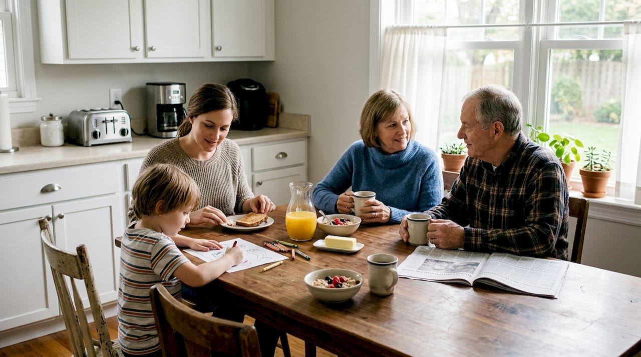 Family eating at handcrafted wooden table