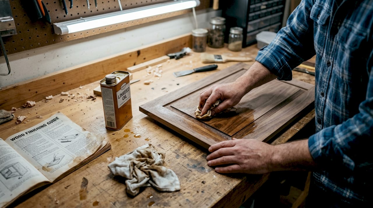 Hands rubbing oil into walnut cabinet door