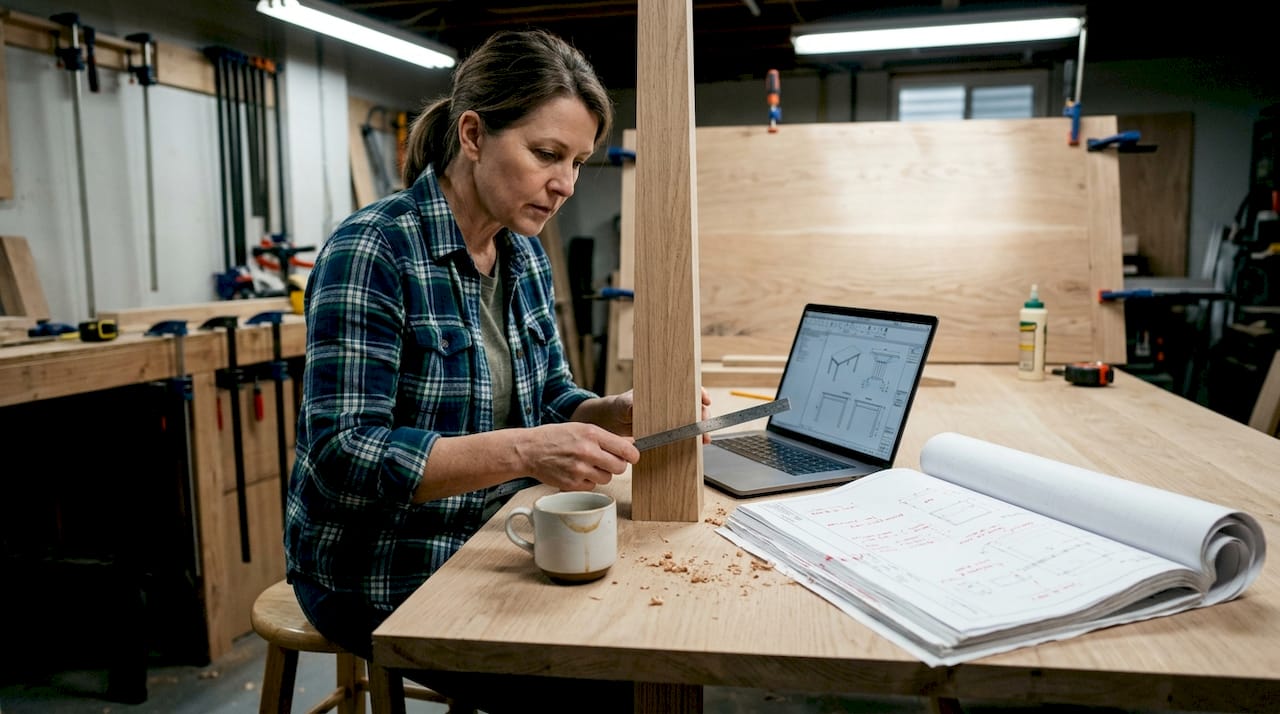 Woodworker referencing CAD plans at table