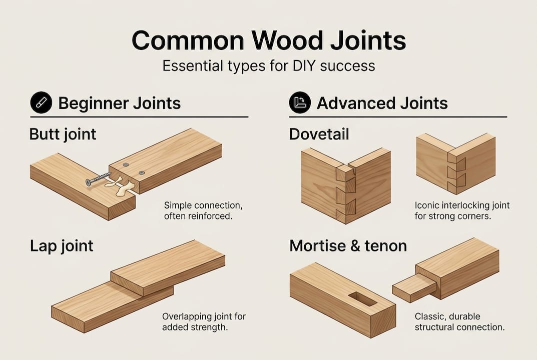 Infographic showing beginner and advanced wood joints