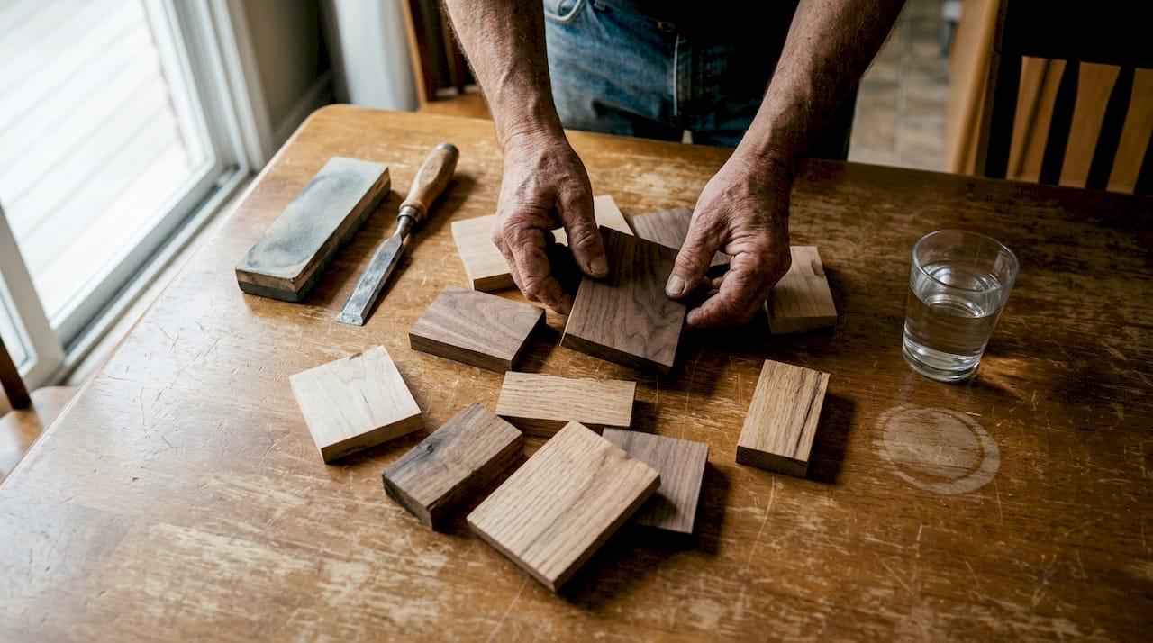 Hands inspecting hardwood boards and basic tools