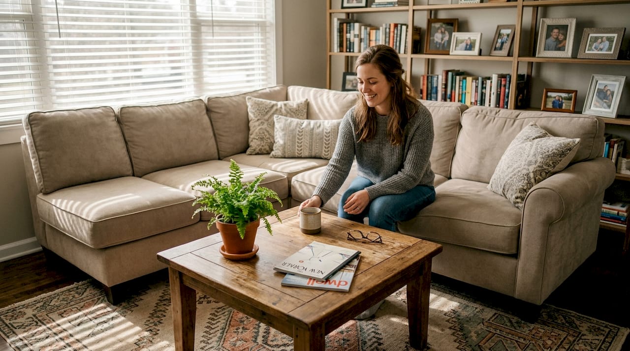 Square wood coffee table with sectional sofa