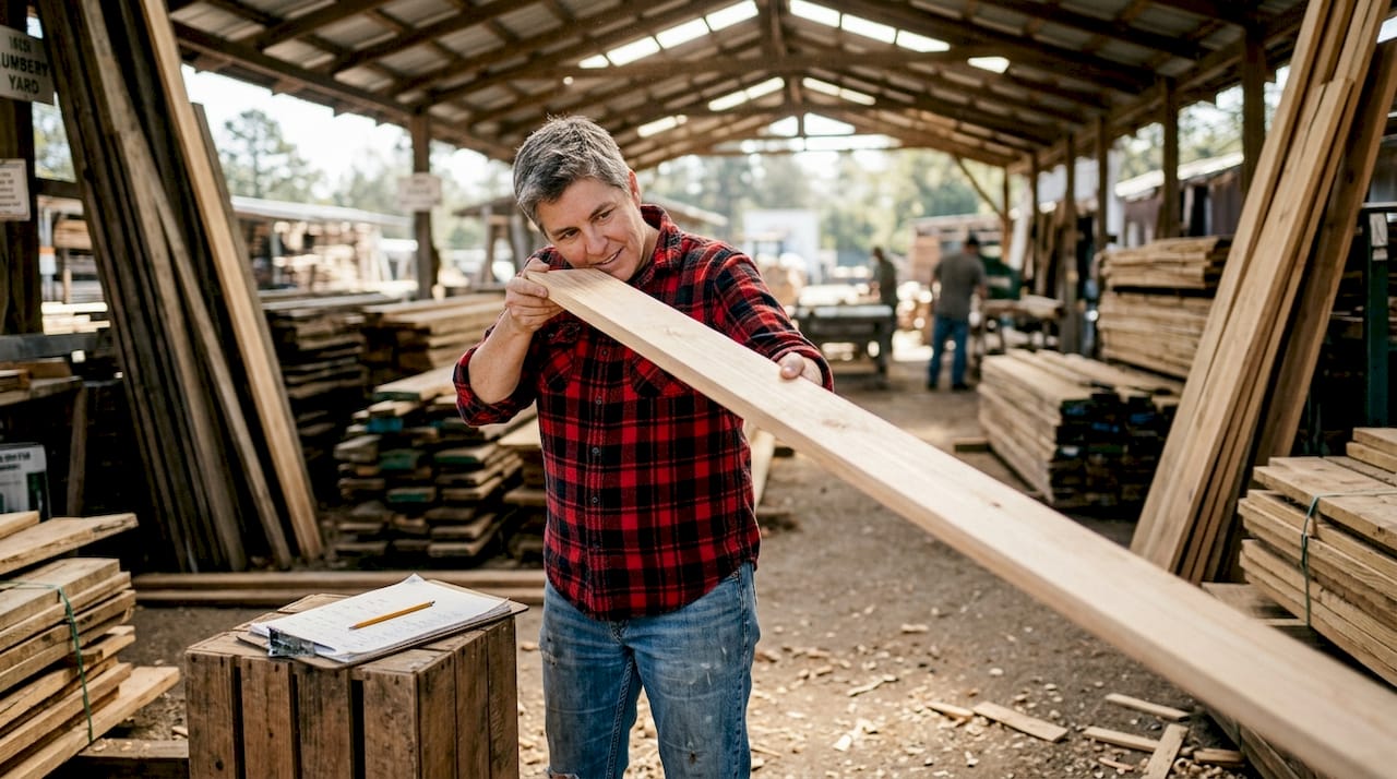 Person checking and stacking lumber at lumberyard