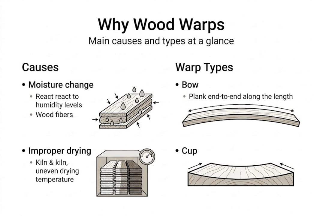Infographic showing wood warping causes and types