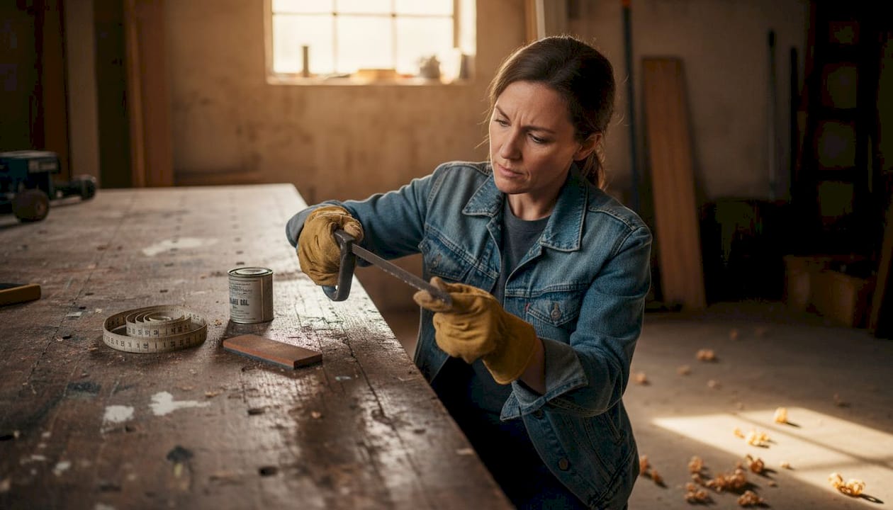 Woman inspecting hand saw for maintenance