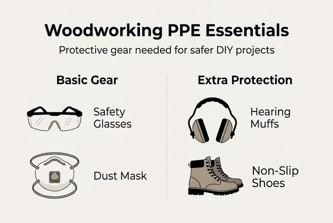 Infographic with basic woodworking PPE gear