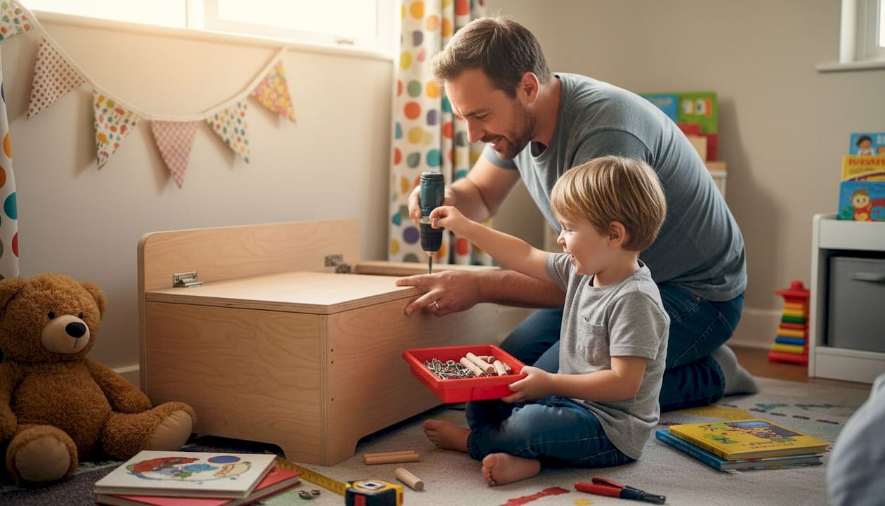 Parent and child assembling kids reading nook