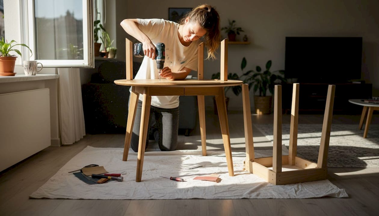 Woman assembling table with hardwood and softwood parts