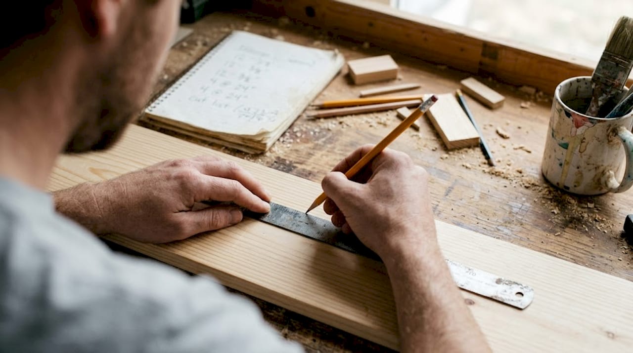 Hands marking measurement on wood with ruler