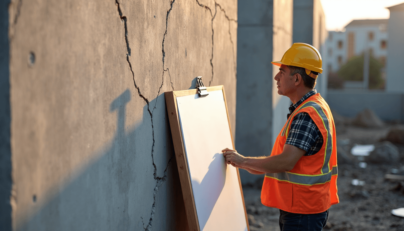 Engineer examining cracked concrete wall at sunrise site