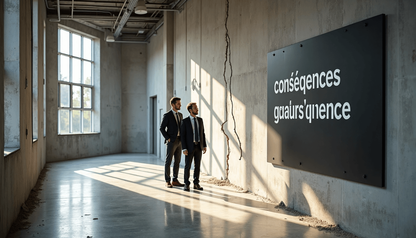 Experts examine crack on load-bearing wall with safety board banner reading 'conséquences bâtiment'