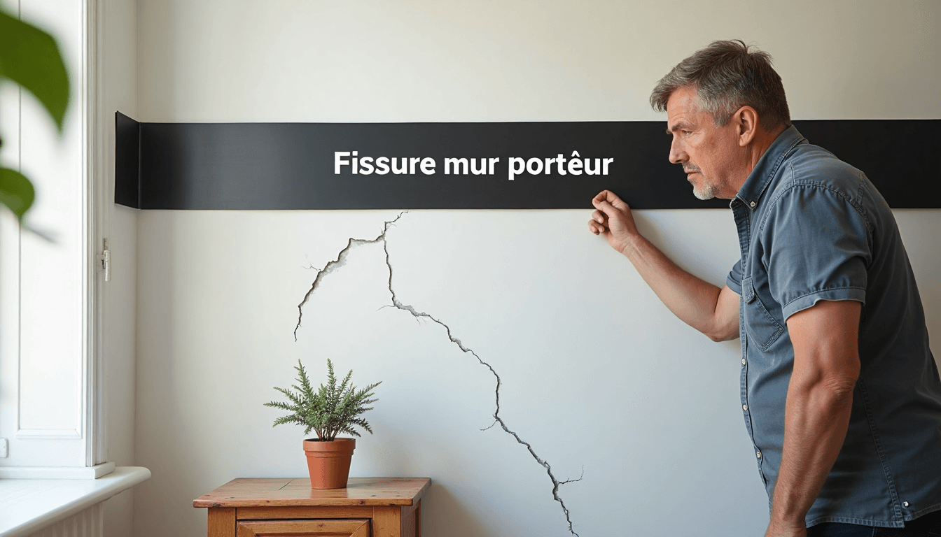 Person inspects crack in living room wall with banner 'Fissure mur porteur'