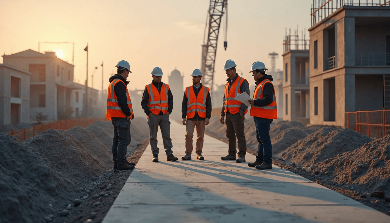 Équipe de construction observant fondation béton armé avec panneau textuel