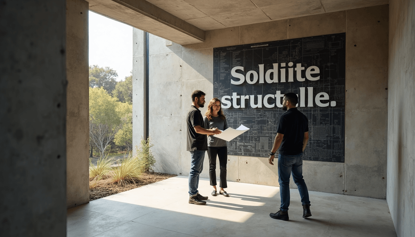 Ingénieur et propriétaires devant mur béton avec schéma et bandeau textuel