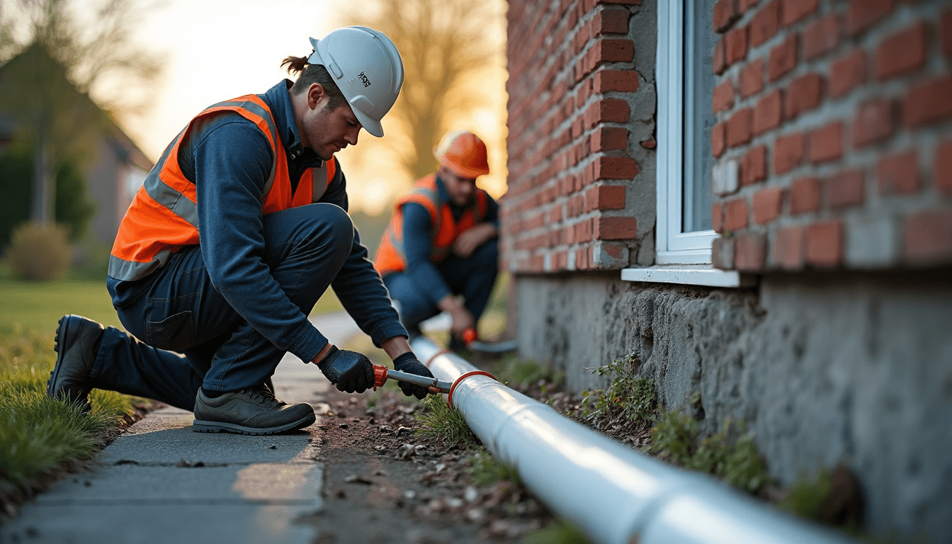 Techniciens installant drain français en tranchée avec panneau techniques d’installation