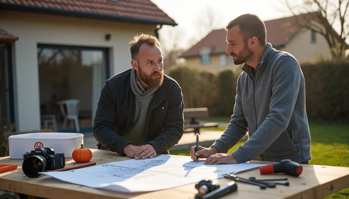 Propriétaire et expert discutant devant une maison avec plans et pancarte Installation de drain français