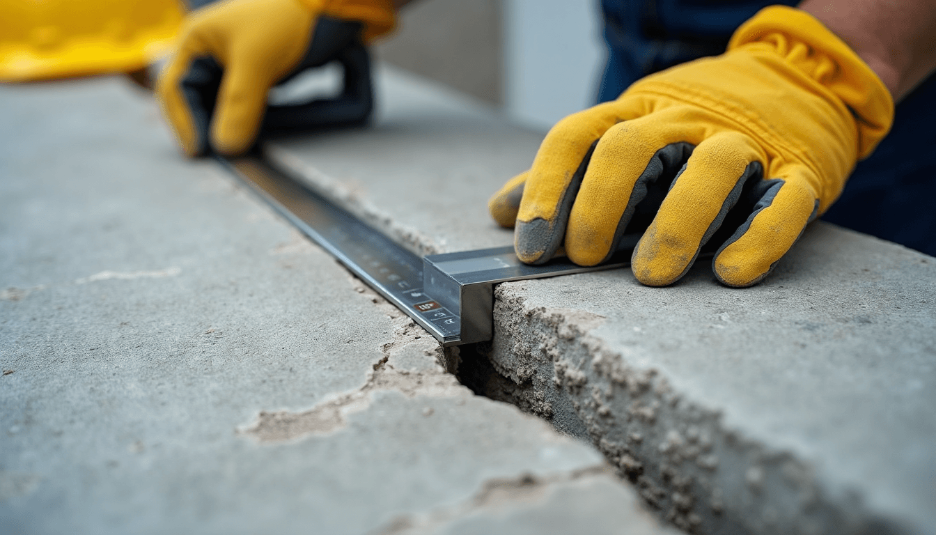 Worker measuring horizontal crack on balcony slab