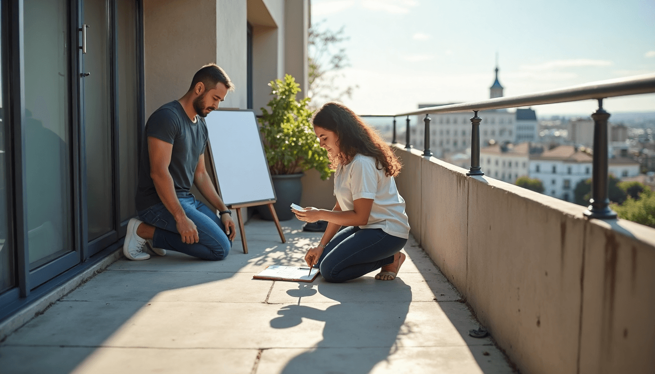 Two homeowners inspecting a concrete balcony crack